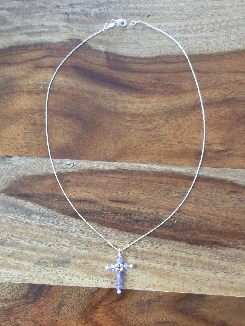 Delicate Silver-tone Chain Necklace with Amethyst Beaded Cross Pendant 18"